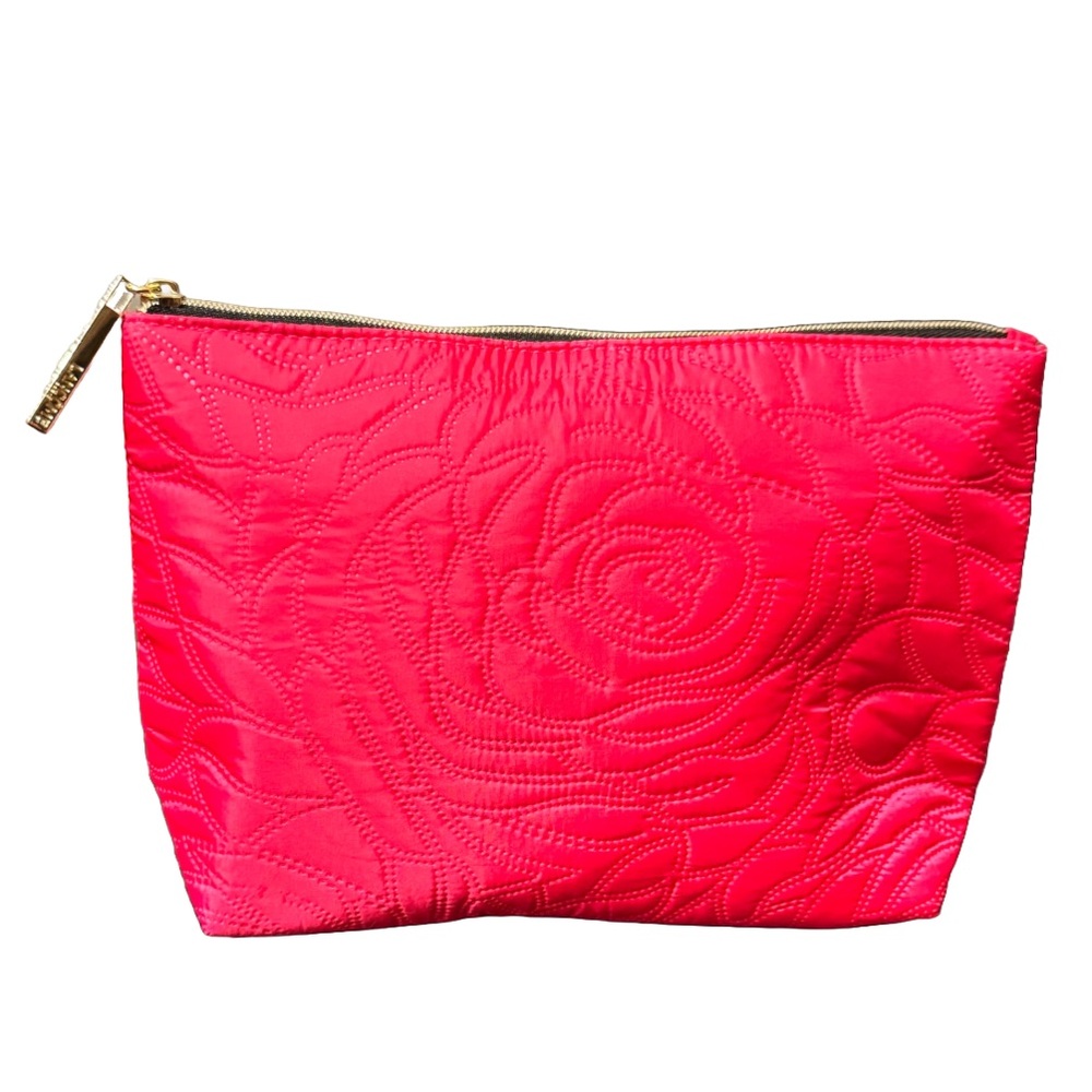 🌹 Lancôme Quilted Rose Embossed Cosmetic Pouch Fuchsia Pink w/Gold-Tone Zip